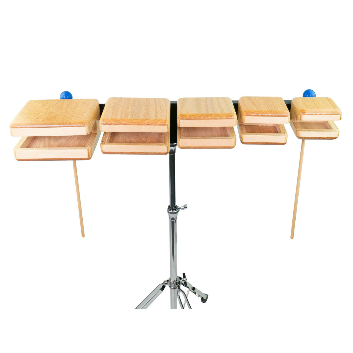 Grover Pro Protégé Temple Block Set shown with two included woodblock mallets resting against the blocks