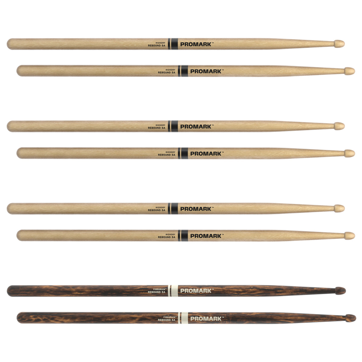 Promark Rebound Balance RBH565AW 5A Acorn Tip Drumsticks - 4 pack (3 Hickory and 1 Firegrain) - Image 2