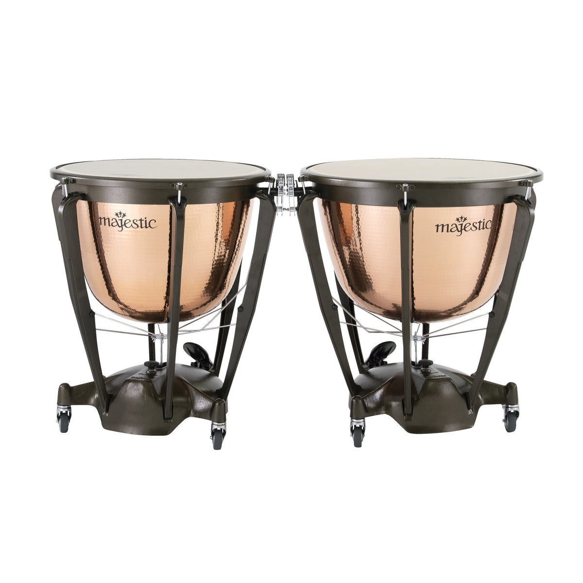 Set of 2 Majestic Symphonic Series Hammered Copper Timpani with Cambered Bowls - 26"/29" - Image 1