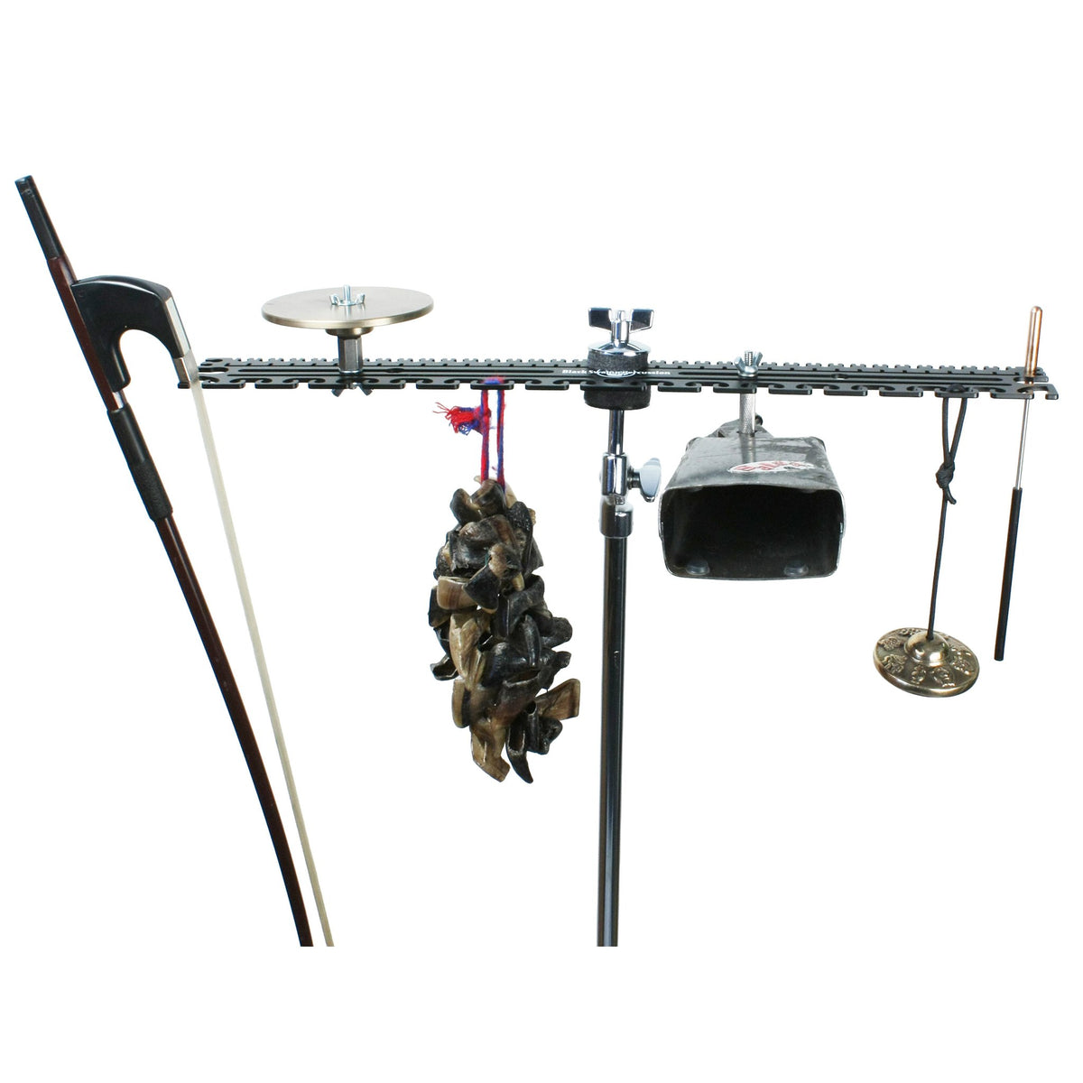 Black Swamp RecPlate Percussion Mount with Cowbells, Rattle, Finger Cymbal