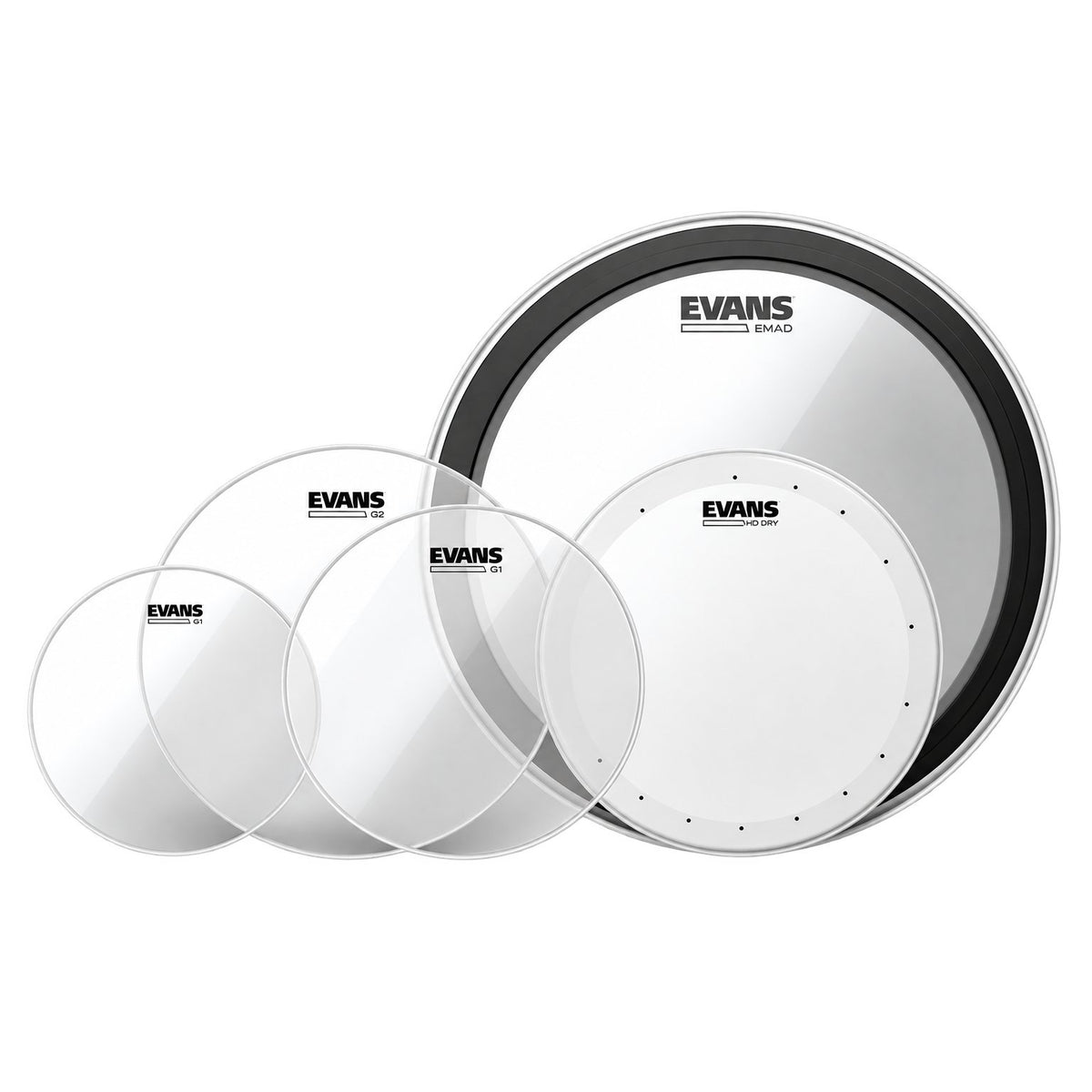 Evans Drum Set Upgrade Pack 14" HD Dry Snare Batter + 22" EMAD Clear Bass Batter G2 Clear Standard Pack (12", 13", 16") EDP1-G2CLR-S