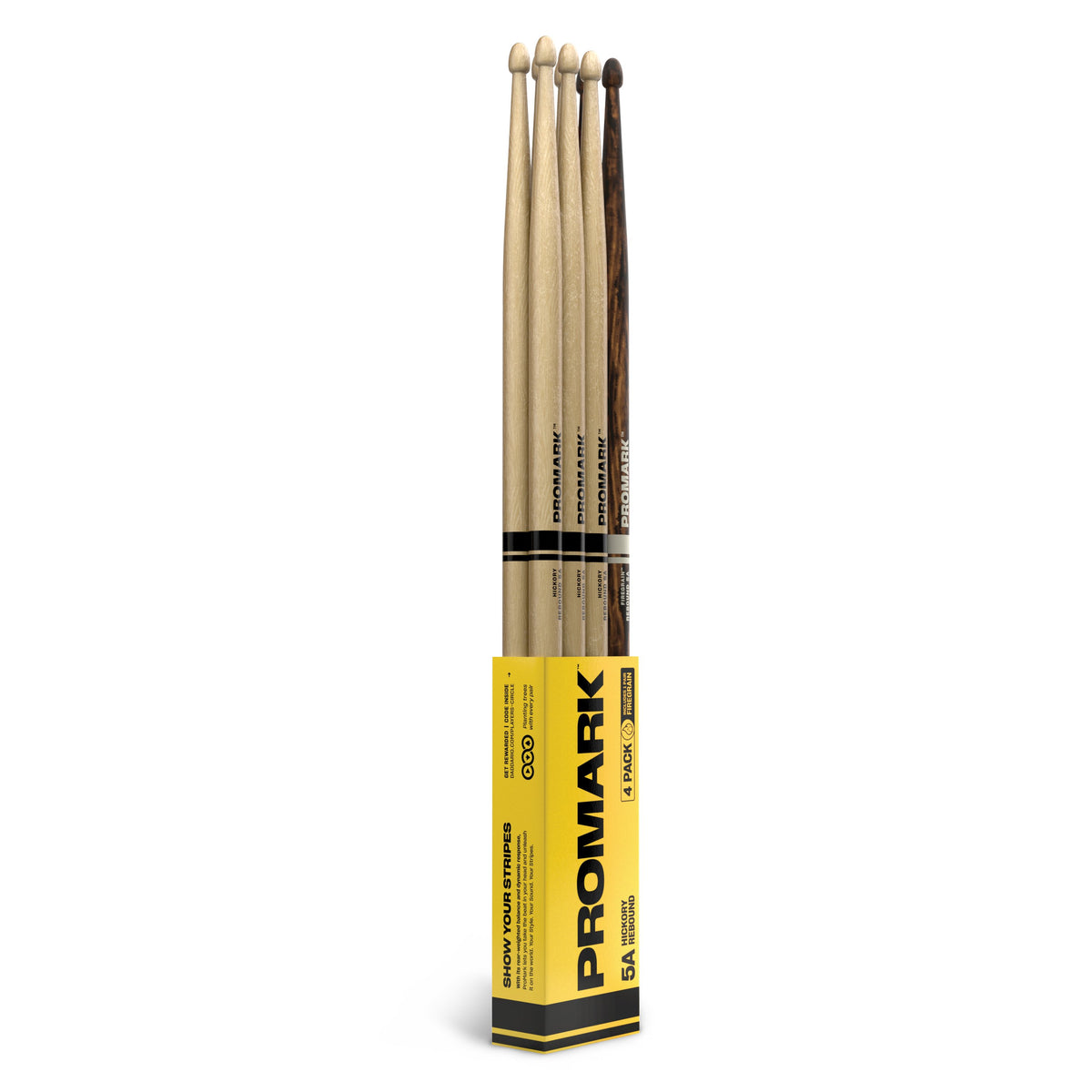 Promark Rebound Balance RBH565AW 5A Acorn Tip Drumsticks - 4 pack (3 Hickory and 1 Firegrain) - Image 1